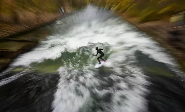 A surfer rides on an artificial wave in the river 'Eisbach' at the 'Englischer Garten' (English Garden) downtown in Munich, Germany, Monday, Nov. 11, 2024. (AP Photo/Matthias Schrader)