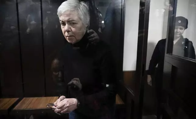 Paediatrician Nadezhda Buyanova, accused of spreading false information about the army, attends a hearing in the Tushinsky District Court in Moscow, Russia, Tuesday, Nov. 12, 2024. (AP Photo/Pavel Bednyakov)