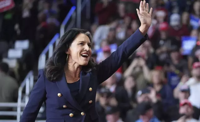 Tulsi Gabbard arrives before Republican presidential nominee former President Donald Trump speaks at a campaign rally at PPG Paints Arena, Monday, Nov. 4, 2024, in Pittsburgh, Pa. (AP Photo/Evan Vucci)