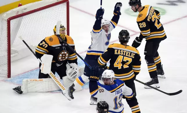 St. Louis Blues' Nathan Walker (26) celebrates a goal by Radek Faksa (12) past Boston Bruins' Joonas Korpisalo (70) during the first period of an NHL hockey game, Saturday, Nov. 16, 2024, in Boston. (AP Photo/Michael Dwyer)