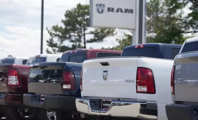 FILE - Unsold 2023 pickup trucks sit in a long row at a Ram dealership June 18, 2023, in Littleton, Colo. (AP Photo/David Zalubowski, File)