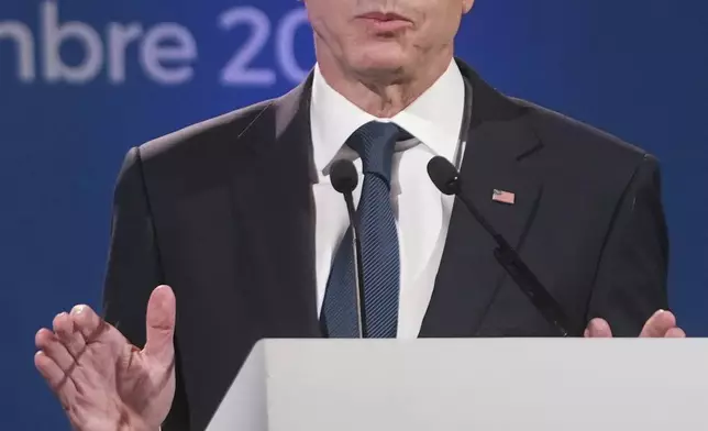U.S. Secretary of State Antony Blinken holds a press conference at the end of the G7 of foreign Ministers in Fiuggi, some 70 kilometers south-east of Rome, Tuesday, Nov. 26, 2024. (AP Photo/Alessandra Tarantino, Pool)