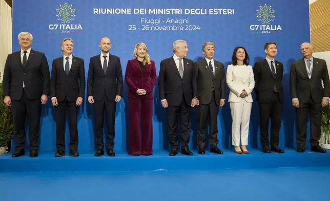 From left, Ukrainian Foreign Minister Andrii Sybiha, U.S. Secretary of State Antony Blinken, French Foreign Minister Jean-Noël Barrot, Canada's Foreign Minister Melanie Joly, Italian Foreign Minister Antonio Tajani, Japanese Foreign Minister Takeshi Iwaya, German Foreign Minister Annalena Baerbock, Britain's Foreign Office Political Director Christian Turner, and European Union foreign policy chief Josep Borrell pose for a family photo at the G7 of foreign Ministers in Fiuggi, some 70 kilometers south-east of Rome, Tuesday, Nov. 26, 2024. (AP Photo/Alessandra Tarantino, Pool)