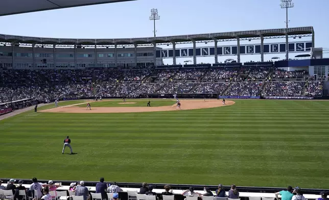 FILE - The New York Yankees host the Detroit Tigers during their home opener spring training baseball game at George M. Steinbrenner Field, Sunday, March 20, 2022, in Tampa, Fla. (AP Photo/Lynne Sladky, File)