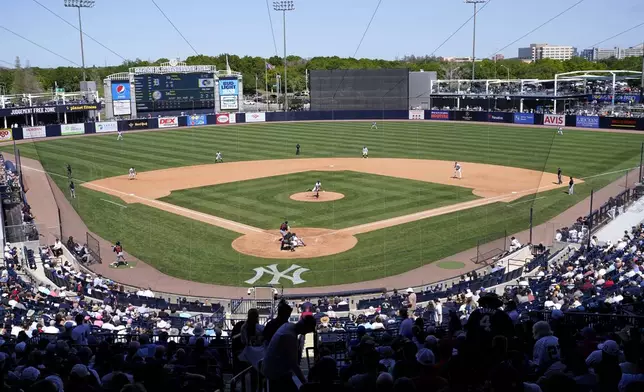 FILE - The New York Yankees host the Detroit Tigers during their home opener spring training baseball game at George M. Steinbrenner Field, Sunday, March 20, 2022, in Tampa, Fla. (AP Photo/Lynne Sladky, File)