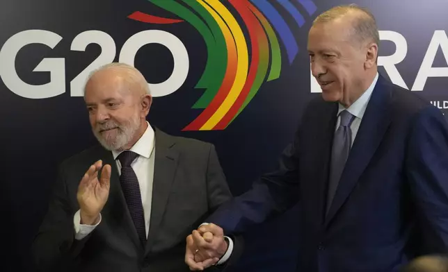 Brazil's President Luiz Inacio Lula da Silva, left, and Turkey's President Recep Tayyip Erdogan, walk during a bilateral meeting a day before the opening of the G20 Summit, in Rio de Janeiro, Sunday, Nov. 17, 2024. (AP Photo/Eraldo Peres)