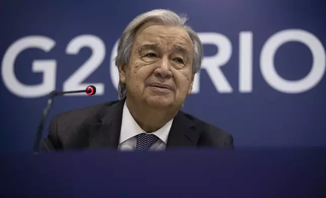 UN Secretary-General António Guterres attends a press conference a day before the opening of the G20 Summit, in Rio de Janeiro, Sunday, Nov. 17, 2024. (AP Photo/Bruna Prado)