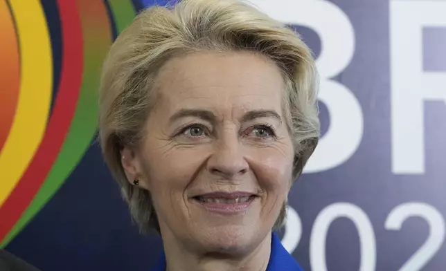 European Commission President Ursula von der Leyen, attends during a bilateral meeting with Brazil's President Luiz Inacio Lula da Silva, a day before the opening of the G20 Summit, in Rio de Janeiro, Sunday, Nov. 17, 2024. (AP Photo/Eraldo Peres)