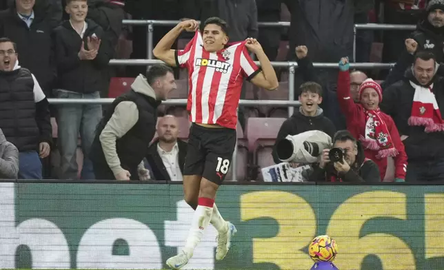 Southampton's Mateus Fernandes celebrates after scoring during the English Premier League soccer match between Southampton and Liverpool in Southampton, England, Sunday, Nov. 24, 2024. (AP Photo/Sean Ryan)