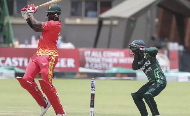 Zimbabwe's Richard Ngarava plays a ball on the first day of the ODI cricket match between Zimbabwe and Pakistan at Queens Sports Club in Bulawayo, Zimbabwe, Sunday 24 Nov 2024 (AP Photo/Wonder Mashura)