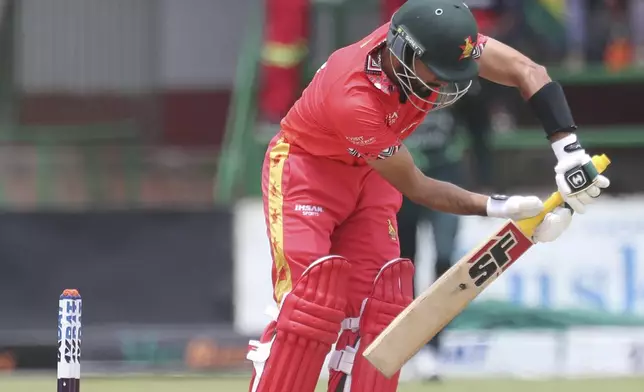 Zimbabwe's Sikandar plays a ball during the first ODI cricket match between Pakistan and Zimbabwe, in Bulawayo, Zimbabwe, Sunday, Nov. 24, 2024.(AP Wonder Mashura)