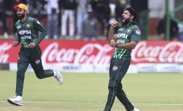 Pakistan's Aamer Jamal celebrates a wicket on the first day of the ODI cricket match between Zimbabwe and Pakistan at Queens Sports Club in Bulawayo, Zimbabwe, Sunday 24 Nov 2024 (AP Photo/Wonder Mashura)