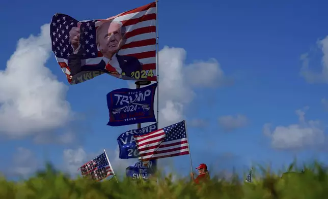 FILE - Supporters display flags near the Mar-a-Lago estate of President-elect Donald Trump, in Palm Beach, Fla. Nov. 12, 2024. (AP Photo/Julia Demaree Nikhinson, File)