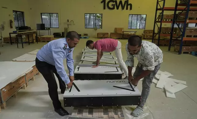 Employees of Nunam pack refurbished battery packs, made from used electric vehicle batteries, before shipping to their clients, at their facility in Bengaluru, India, Tuesday, Oct. 8, 2024. (AP Photo/Aijaz Rahi)