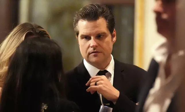 Matt Gaetz talks before President-elect Donald Trump speaks during an America First Policy Institute gala at his Mar-a-Lago estate, Thursday, Nov. 14, 2024, in Palm Beach, Fla. (AP Photo/Alex Brandon)