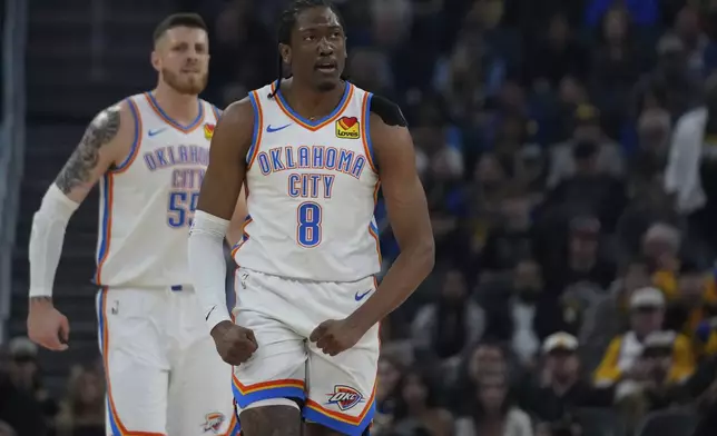 Oklahoma City Thunder forward Jalen Williams (8) reacts during the first half of an NBA basketball game against the Golden State Warriors, Wednesday, Nov. 27, 2024, in San Francisco. (AP Photo/Godofredo A. Vásquez)