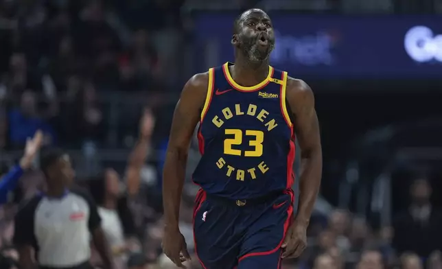 Golden State Warriors forward Draymond Green reacts during the first half of an NBA basketball game against the Oklahoma City Thunder, Wednesday, Nov. 27, 2024, in San Francisco. (AP Photo/Godofredo A. Vásquez)