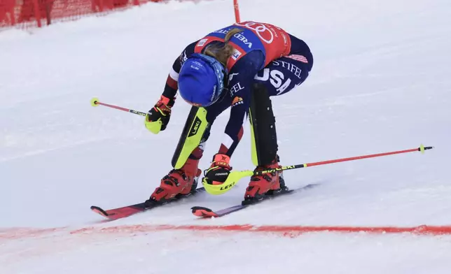 United States' Mikaela Shiffrin crosses the finish line of an alpine ski, women's World Cup slalom, in Gurgl, Austria, Saturday, Nov. 23, 2024. (AP Photo/Giovanni Maria Pizzato)