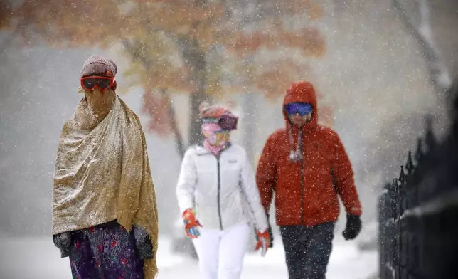 Emme Miller, 18, left, her mom, Jennifer, center, and dad, Darren, walk through the snow along Second Avenue in the Allendale neighboorhood in Kenosha, Wis., Thursday, Nov. 21, 2024. (Sean Krajacic/The Kenosha News via AP)