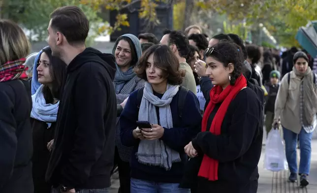 Iranians line up to visit an exhibition titled Eye to Eye which showcases over 120 works by modern world artists as well as Iranian painters at Tehran Museum of Contemporary Art, in Tehran, Thursday, Nov. 21, 2024. (AP Photo/Vahid Salemi)