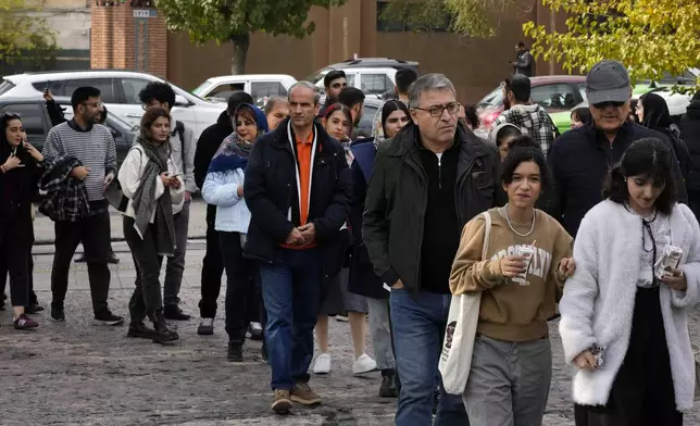 Iranians line up to visit an exhibition titled Eye to Eye which showcases over 120 works by modern world artists as well as Iranian painters at Tehran Museum of Contemporary Art, in Tehran, Thursday, Nov. 21, 2024. (AP Photo/Vahid Salemi)