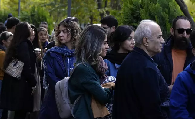 Iranians line up to visit an exhibition titled Eye to Eye which showcases over 120 works by modern world artists as well as Iranian painters at Tehran Museum of Contemporary Art, in Tehran, Thursday, Nov. 21, 2024. (AP Photo/Vahid Salemi)