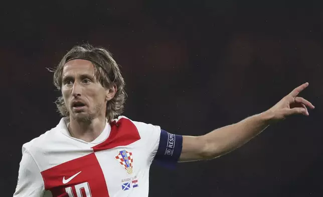 Croatia's Luka Modric reacts during the UEFA Nations League soccer match between Scotland and Croatia at Hampden Park in Glasgow, Scotland, Friday, Nov. 15, 2024. (AP Photo/Scott Heppell)