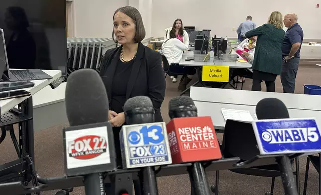 Maine's Secretary of State Shenna Bellows addresses a livestream as election workers scan ballots, Tuesday, Nov. 12, 2024, in Augusta Maine. (AP Photo/David Sharp)