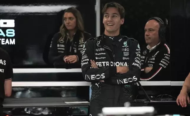 Mercedes driver George Russell, of Britain, waits in the garage before the final practice session for the Formula One U.S. Grand Prix auto race, Friday, Nov. 22, 2024, in Las Vegas. (AP Photo/John Locher)