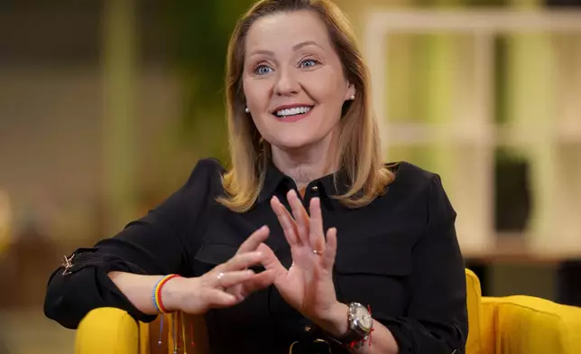 Elena Lasconi, the Save Romania Union or USR, party candidate in the upcoming Nov. 24 presidential elections speaks during an interview with the Associated Press in Bucharest, Romania, Friday, Nov. 15, 2024. (AP Photo/Andreea Alexandru)