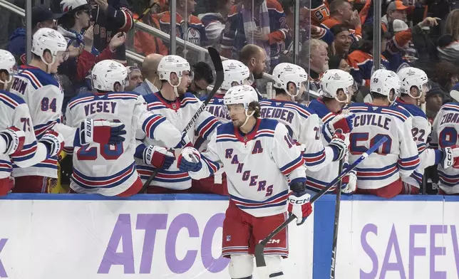 New York Rangers' Artemi Panarin (10) celebrates a goal against the Edmonton Oilers during second period NHL action in Edmonton on Saturday, November 23, 2024. (Jason Franson/The Canadian Press via AP)