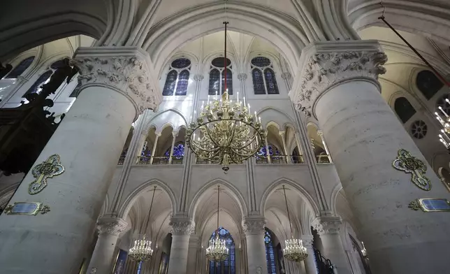 A view of the Notre-Dame cathedral as French President Emmanuel Macron visits the restored interiors of the monument, Friday, Nov.29, 2024 in Paris. (Christophe Petit Tesson, Pool via AP)