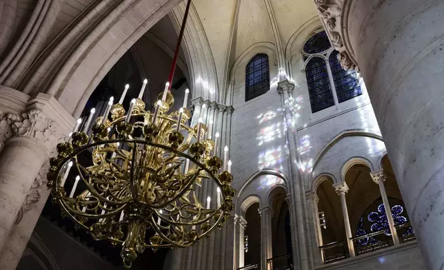 A view of Notre-Dame de Paris cathedral while French President Emmanuel Macron visits the restored interiors of the monument, Friday Nov. 29, 2024, in Paris. (Stephane de Sakutin, Pool via AP)