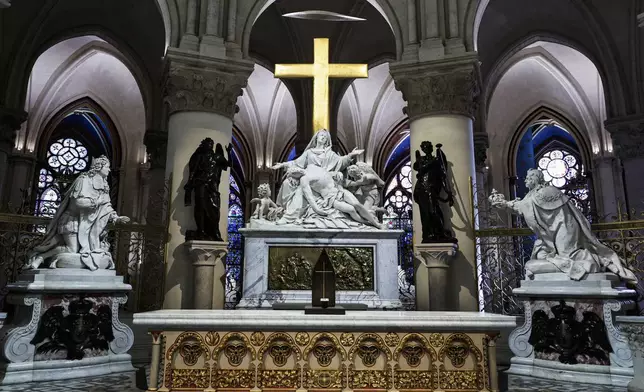 The tabernacle of Notre-Dame de Paris cathedral is seen while French President Emmanuel Macron visits the restored interiors of the monument, Friday Nov. 29, 2024, in Paris. (Stephane de Sakutin, Pool via AP)