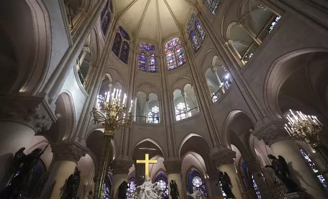 A view of the Notre-Dame cathedral as French President Emmanuel Macron visits the restored interiors of the monument, Friday, Nov.29, 2024 in Paris. (Christophe Petit Tesson, Pool via AP)