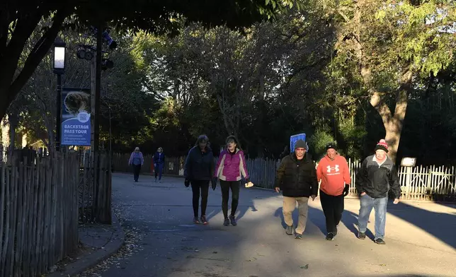 Members of the Get Healthy Walking Club walk the paths past the animal enclosures during the morning at the Louisville Zoo in Louisville, Ky., Friday, Oct. 18, 2024. (AP Photo/Timothy D. Easley)