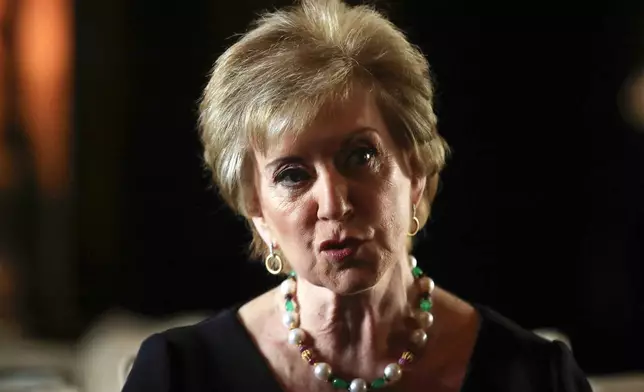 FILE - Small Business Administration Administrator Linda McMahon speaks during a news conference with President Donald Trump in Trump's Mar-a-Lago estate in Palm Beach, Fla., March 29, 2019. (AP Photo/Manuel Balce Ceneta, File)