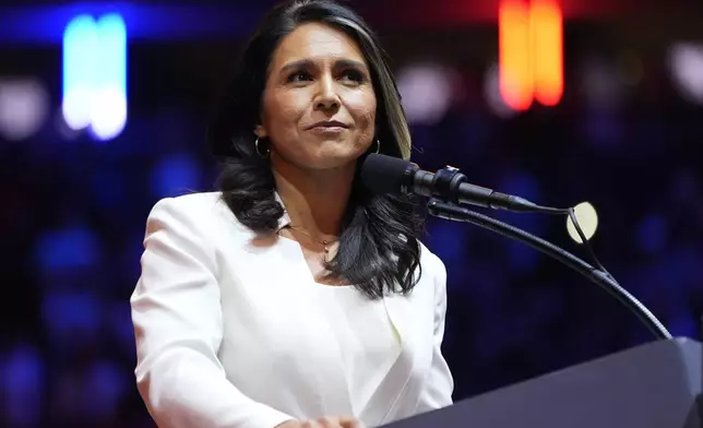 FILE - Tulsi Gabbard speaks before Republican presidential nominee former President Donald Trump at a campaign rally at Madison Square Garden, Oct. 27, 2024, in New York. (AP Photo/Alex Brandon, File)