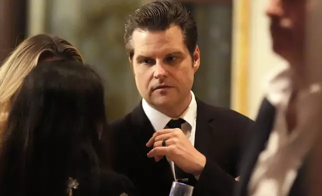 Matt Gaetz arrives before President-elect Donald Trump speaks during an America First Policy Institute gala at his Mar-a-Lago estate, Thursday, Nov. 14, 2024, in Palm Beach, Fla. (AP Photo/Alex Brandon)