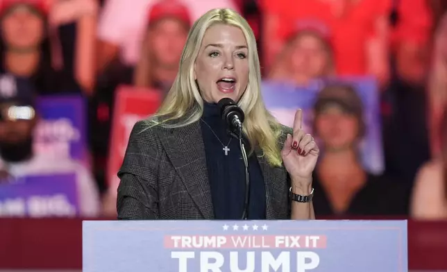 FILE - Former Florida Attorney General Pam Bondi, speaks before Republican presidential nominee former President Donald Trump at a campaign rally at First Horizon Coliseum, Nov. 2, 2024, in Greensboro, NC. (AP Photo/Alex Brandon, File)