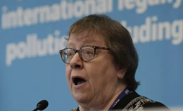 Pamela Miller, Co-chair of the International Pollutants Elimination Network (IPEN), speaks during a press conference with IPEN members at the fifth session of the Intergovernmental Negotiating Committee on Plastic Pollution in Busan, South Korea, Friday, Nov. 29, 2024. (AP Photo/Ahn Young-joon)