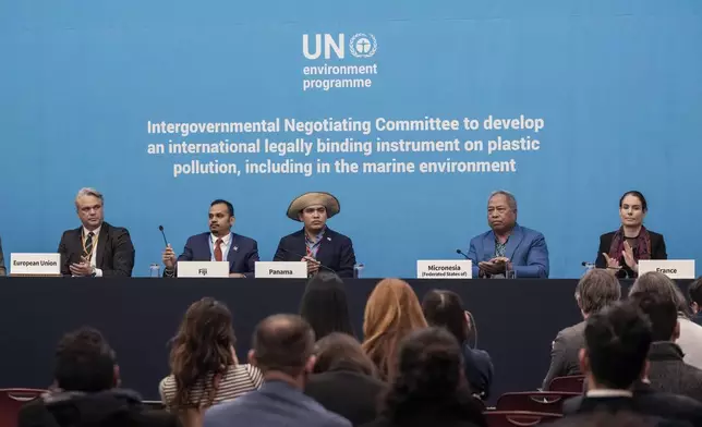 From left, Tony Agotha, Special Envoy for Climate and Environment Diplomacy of European External Action Service, Sivendra Michael, Permanent Secretary for Environment and Climate Change of Fiji, Juan Carlos Monterrey, head of Panama's delegation, Andrew Yatilman, Secretary of the Department of Environment, Climate Change, and Emergency Management of Micronesia, and Olga Givernet, French Delegate Minister for Energy, attend a press conference at the fifth session of the Intergovernmental Negotiating Committee on Plastic Pollution in Busan, South Korea, Friday, Nov. 29, 2024. (AP Photo/Ahn Young-joon)