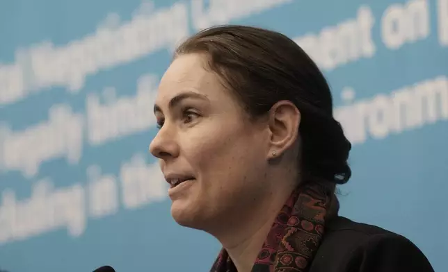 Olga Givernet, French Delegate Minister for Energy, speaks during a press conference at the fifth session of the Intergovernmental Negotiating Committee on Plastic Pollution in Busan, South Korea, Friday, Nov. 29, 2024. (AP Photo/Ahn Young-joon)