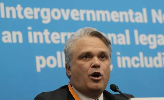 Tony Agotha, Special Envoy for Climate and Environment Diplomacy of European External Action Service, speaks during a press conference at the fifth session of the Intergovernmental Negotiating Committee on Plastic Pollution in Busan, South Korea, Friday, Nov. 29, 2024. (AP Photo/Ahn Young-joon)