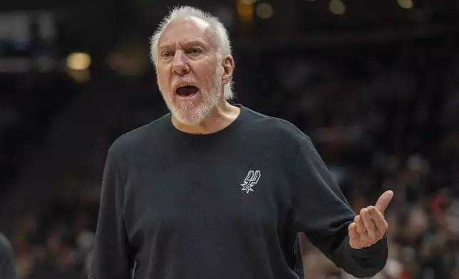 San Antonio Spurs head coach Gregg Popovich reacts after a call by the official, during the second half of an NBA basketball game, Thursday, Oct. 31, 2024, in Salt Lake City. (AP Photo/Rick Egan)