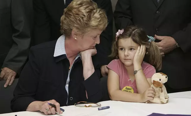 FILE - Connecticut Gov. M. Jodi Relland Natasha Phaneuf wait for Gov. Rell to sign into law a bill establishing a stem cell research fund and banning human cloning at the University of Connecticut Health Center in Farmington, Conn., June 15, 2005. (AP Photo/Bob Child, File)