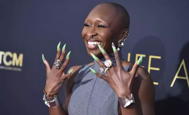 FILE - Cynthia Erivo arrives at the 49th AFI Life Achievement Award tribute to Nicole Kidman on Saturday, April 27, 2024, at the Dolby Theatre in Los Angeles. In “Wicked,” Elphaba and Glinda travel from Shiz University to the Emerald City on a glistening green train to meet the wizard. In real life, Cynthia Erivo and Ariana Grande have traveled much farther and wider and longer and on airplanes to promote their hotly anticipated film. (Photo by Jordan Strauss/Invision/AP, File)