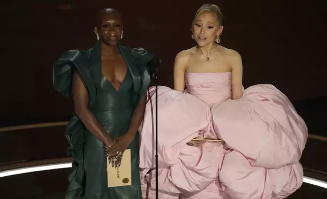 FILE - Cynthia Erivo, left, and Ariana Grande present the award for best original song during the Oscars on Sunday, March 10, 2024, at the Dolby Theatre in Los Angeles. In “Wicked,” Elphaba and Glinda travel from Shiz University to the Emerald City on a glistening green train to meet the wizard. In real life, Cynthia Erivo and Ariana Grande have traveled much farther and wider and longer and on airplanes to promote their hotly anticipated film. (AP Photo/Chris Pizzello, File)