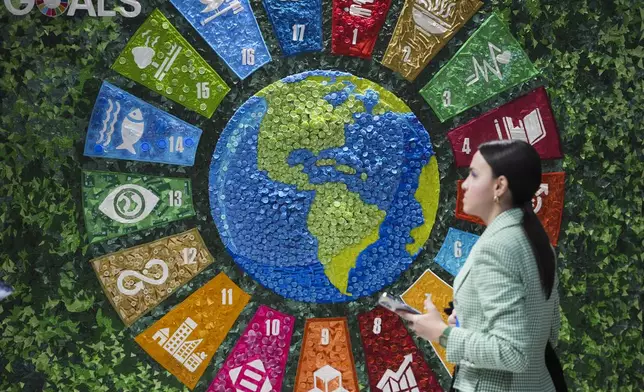 A person walks past art in the Turkey Pavilion at the COP29 U.N. Climate Summit, Thursday, Nov. 14, 2024, in Baku, Azerbaijan. (AP Photo/Sergei Grits)