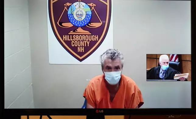 FILE - Bradley Asbury is arraigned via video as Judge William Lyons presides, at right, at Manchester, N.H., April 8, 2021. (AP Photo/Elise Amendola, Pool, File)